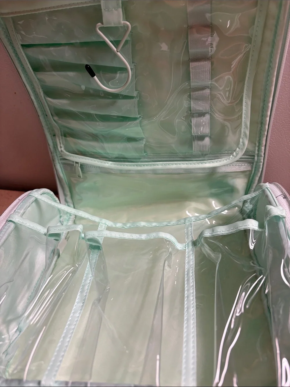 Mint Green Travel Makeup Organizer Bag with Clear Compartments
